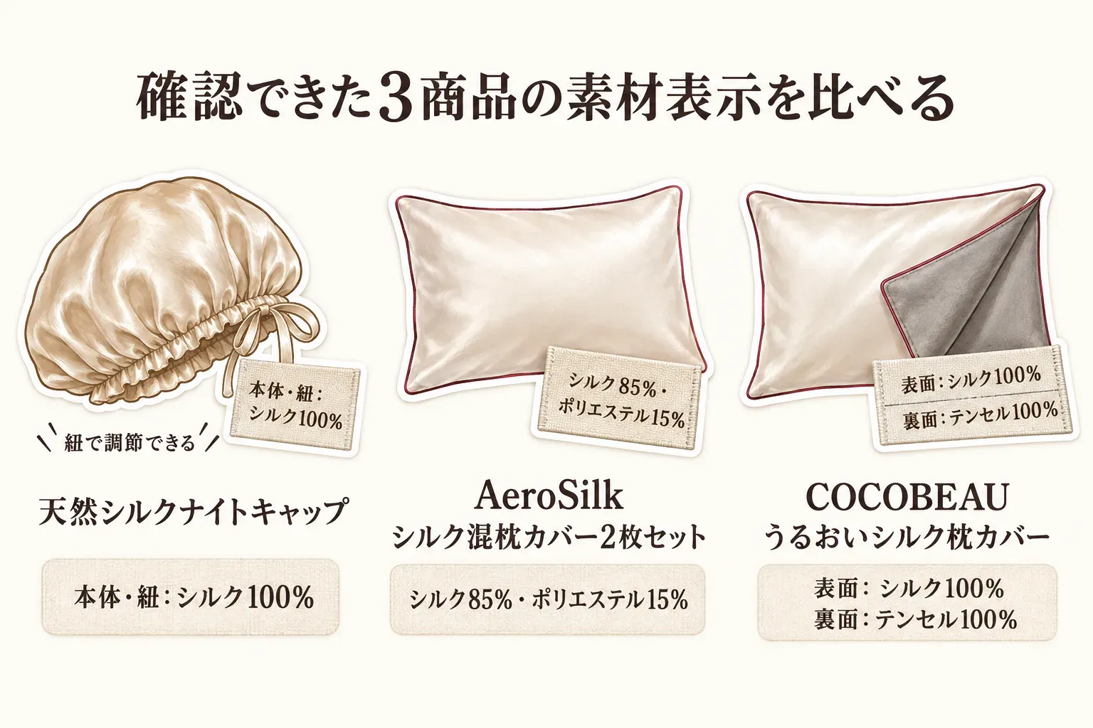 確認できた3商品の素材表示を比べる図。紐で調節できる天然シルクナイトキャップは本体・紐ともシルク100％、AeroSilkシルク混枕カバー2枚セットはシルク85％・ポリエステル15％、COCOBEAUうるおいシルク枕カバーは表面シルク100％・裏面テンセル100％と示す。出典：記事内の商品説明。