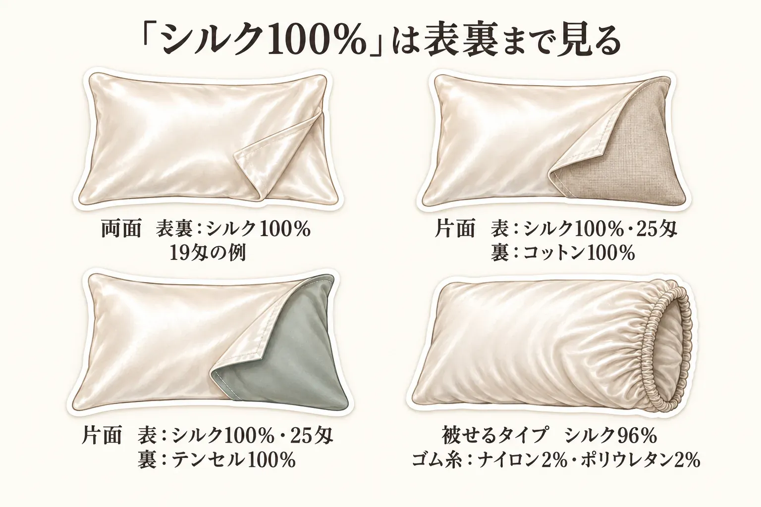 シルク枕カバーの素材表示を表裏で確認する図。両面は表裏ともシルク100％・19匁の例、片面は表面シルク100％・25匁に対して裏面がコットン100％またはテンセル100％の例、被せるタイプはシルク96％にゴム糸としてナイロン2％・ポリウレタン2％を使う例を示す。