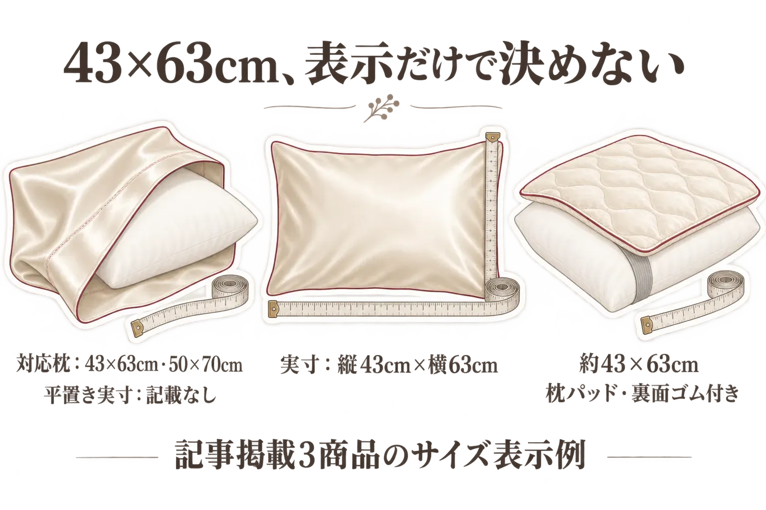43×63cm対応商品のサイズ表示例を比較する図。対応枕43×63cm・50×70cmで平置き実寸の記載がない封筒型、実寸が縦43cm×横63cmのカバー、約43×63cmで裏面ゴム付きの枕パッドを示している。出典：記事掲載3商品のサイズ表示。