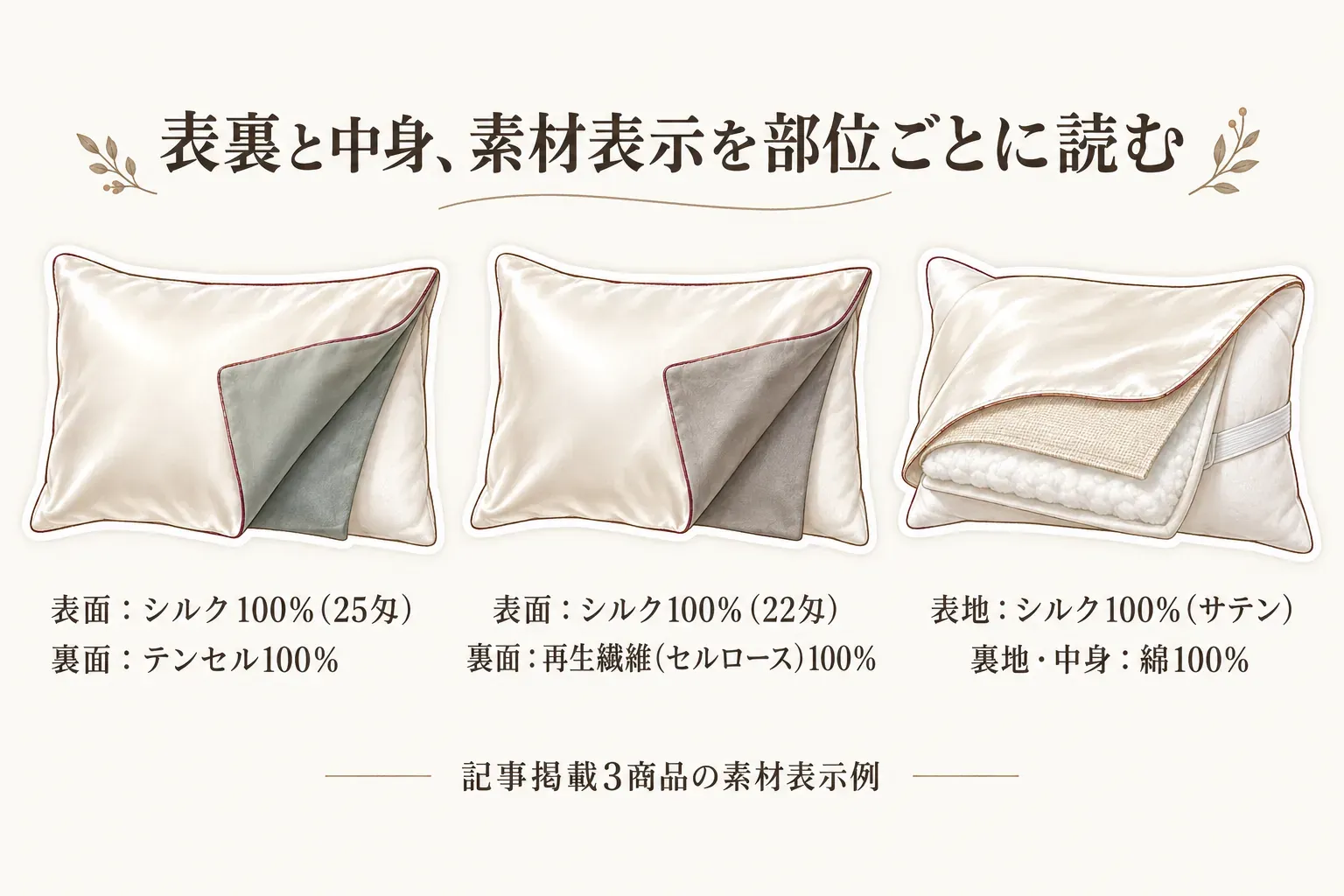 記事掲載3商品の部位別の素材表示を示す図。ANDSILKは表面シルク100％（25匁）・裏面テンセル100％、Pure Silkは表面シルク100％（22匁）・裏面再生繊維（セルロース）100％、eefutonは表地シルク100％（サテン）・裏地と中身は綿100％と示している。出典：記事掲載商品の素材表示。