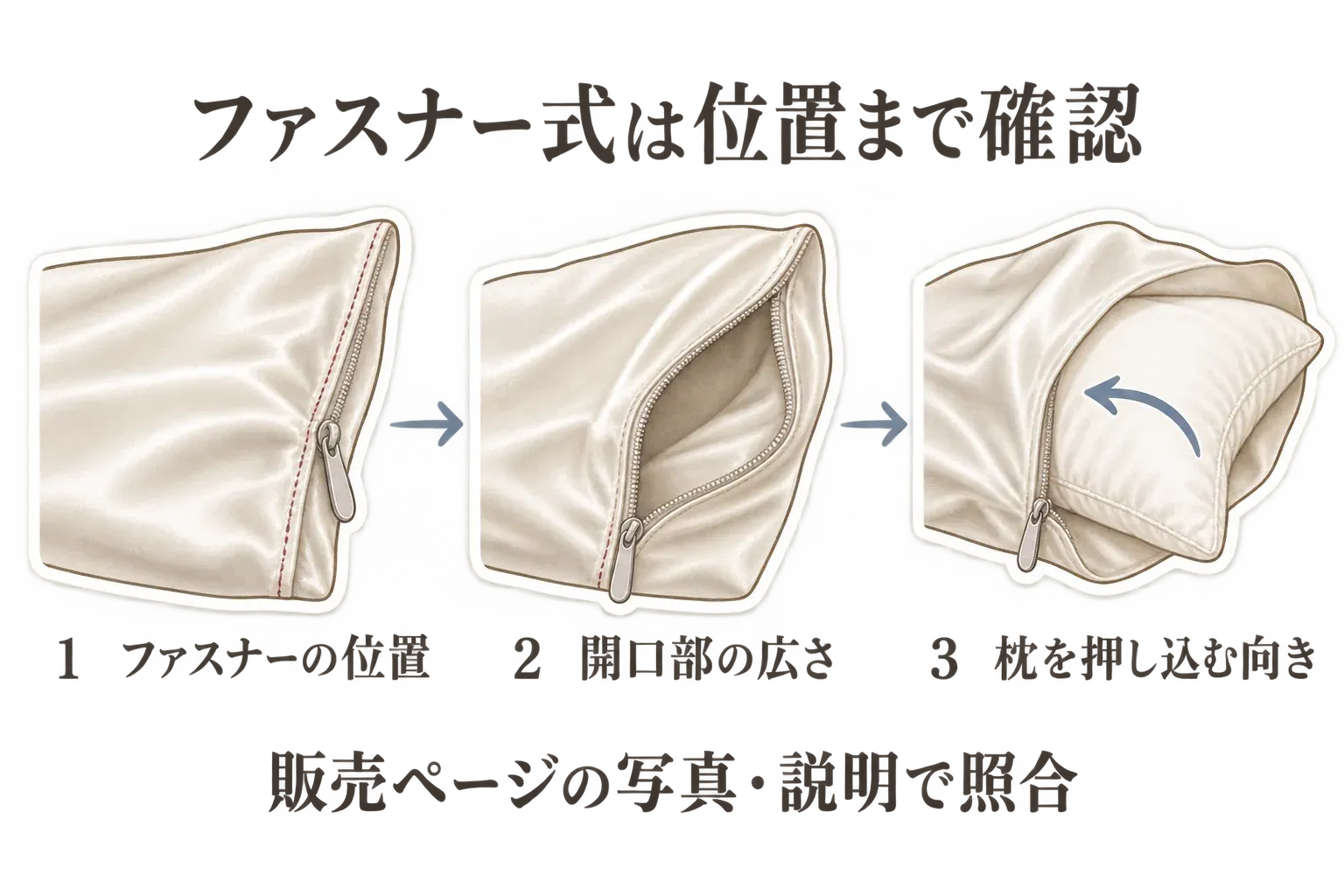 両面シルク枕カバーのファスナー式を確認する図。ファスナーの位置、開口部の広さ、枕を押し込む向き、金具が頬や首に触れにくい位置かを商品ページの写真と仕様欄で確認し、封筒式では折り返し部分と枕の厚み・余りの長さを確認するポイントを示す。出典：記事内で比較した楽天商品説明。