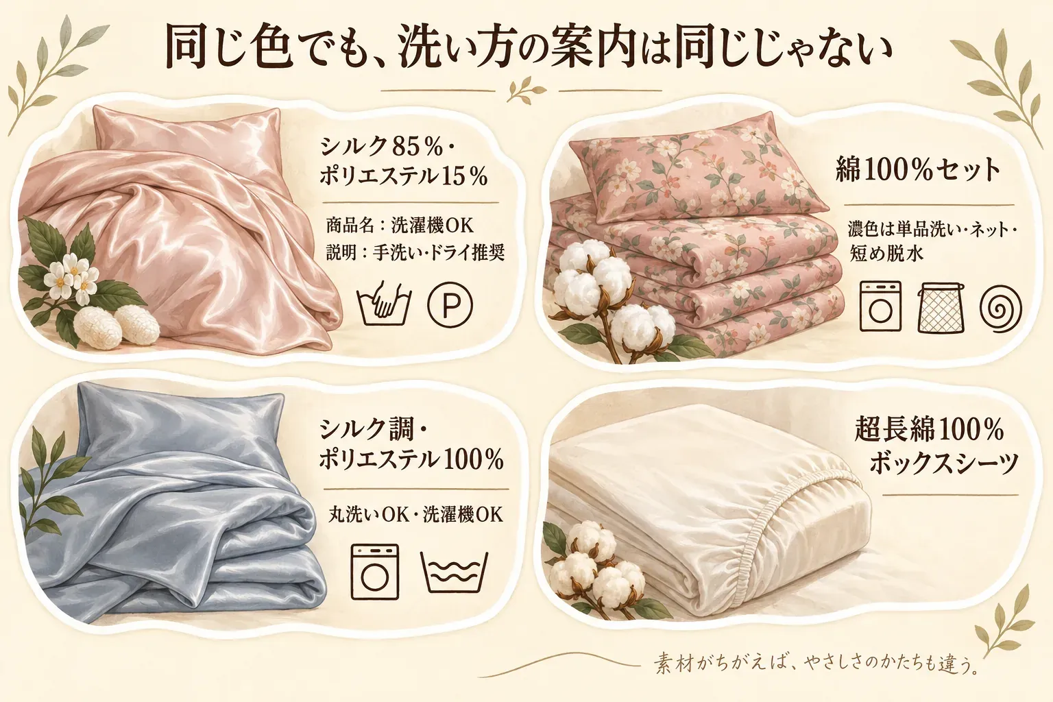 同じ色でも洗い方の案内が異なる4商品の比較図。シルク85％・ポリエステル15％セットは商品名に洗濯機OK、説明に手洗い・ドライクリーニング推奨、綿100％セットは濃色の単品洗い・洗濯ネット・短めの脱水、ポリエステル100％のシルク調セットは丸洗い・洗濯機OK、超長綿100％のボックスシーツを示す。出典：記事内で比較した楽天商品説明。
