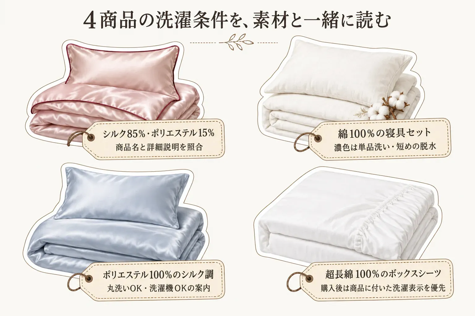 4商品の洗濯条件を素材と一緒に読む比較図。シルク85％・ポリエステル15％は商品名と詳細説明を照合、綿100％の寝具セットは濃色を単品洗い・短めに脱水、ポリエステル100％のシルク調は丸洗い・洗濯機OK、超長綿100％ボックスシーツは購入後に商品に付いた洗濯表示を優先することを示す。出典：記事内で比較した楽天商品説明。