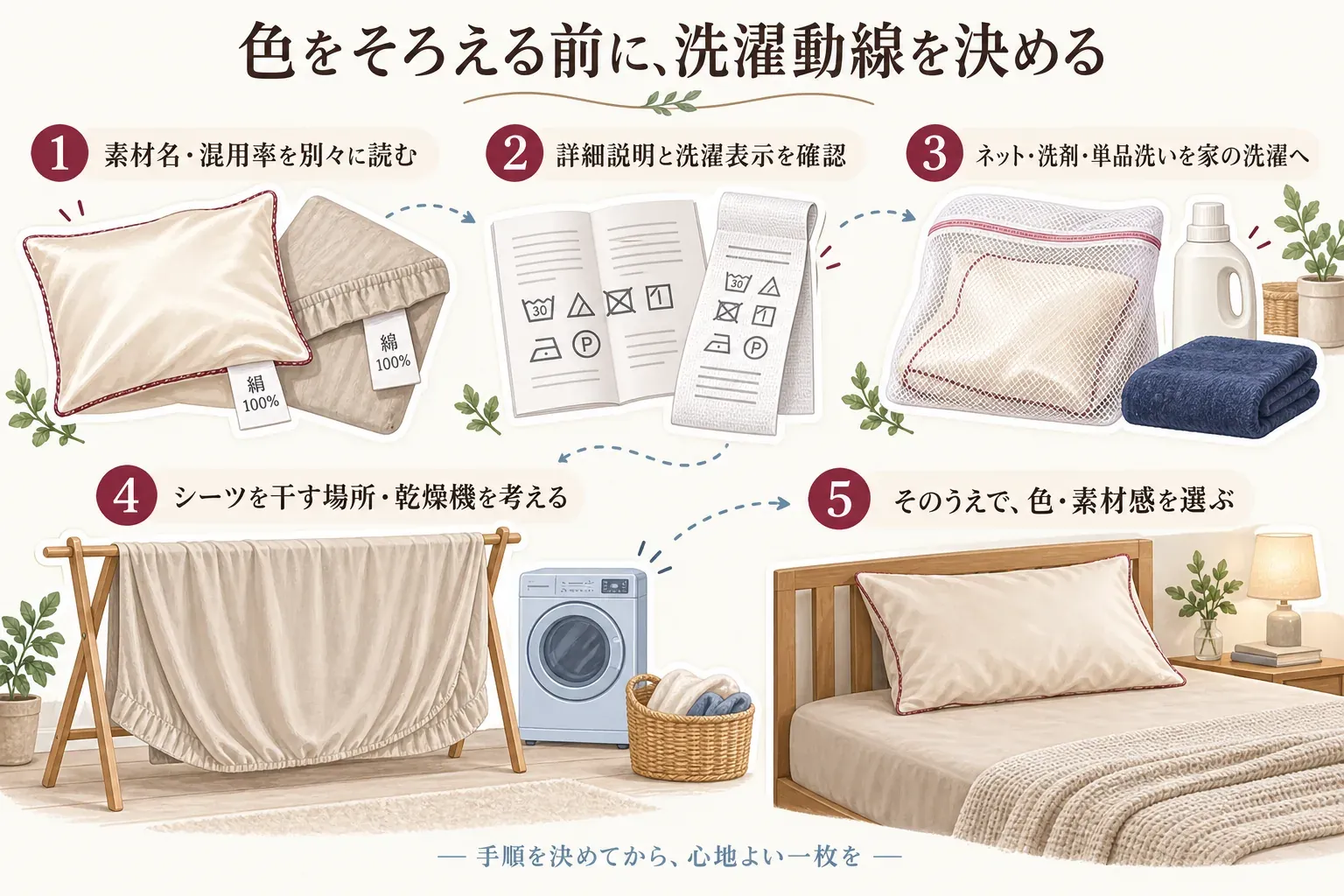 色をそろえる前に洗濯動線を決める5段階の図。素材名・混用率を別々に読み、詳細説明と洗濯表示を確認し、洗濯ネット・洗剤・単品洗いを家庭の洗濯に当てはめ、シーツを干す場所と乾燥機を考えたうえで、色・素材感を選ぶ順序を示す。