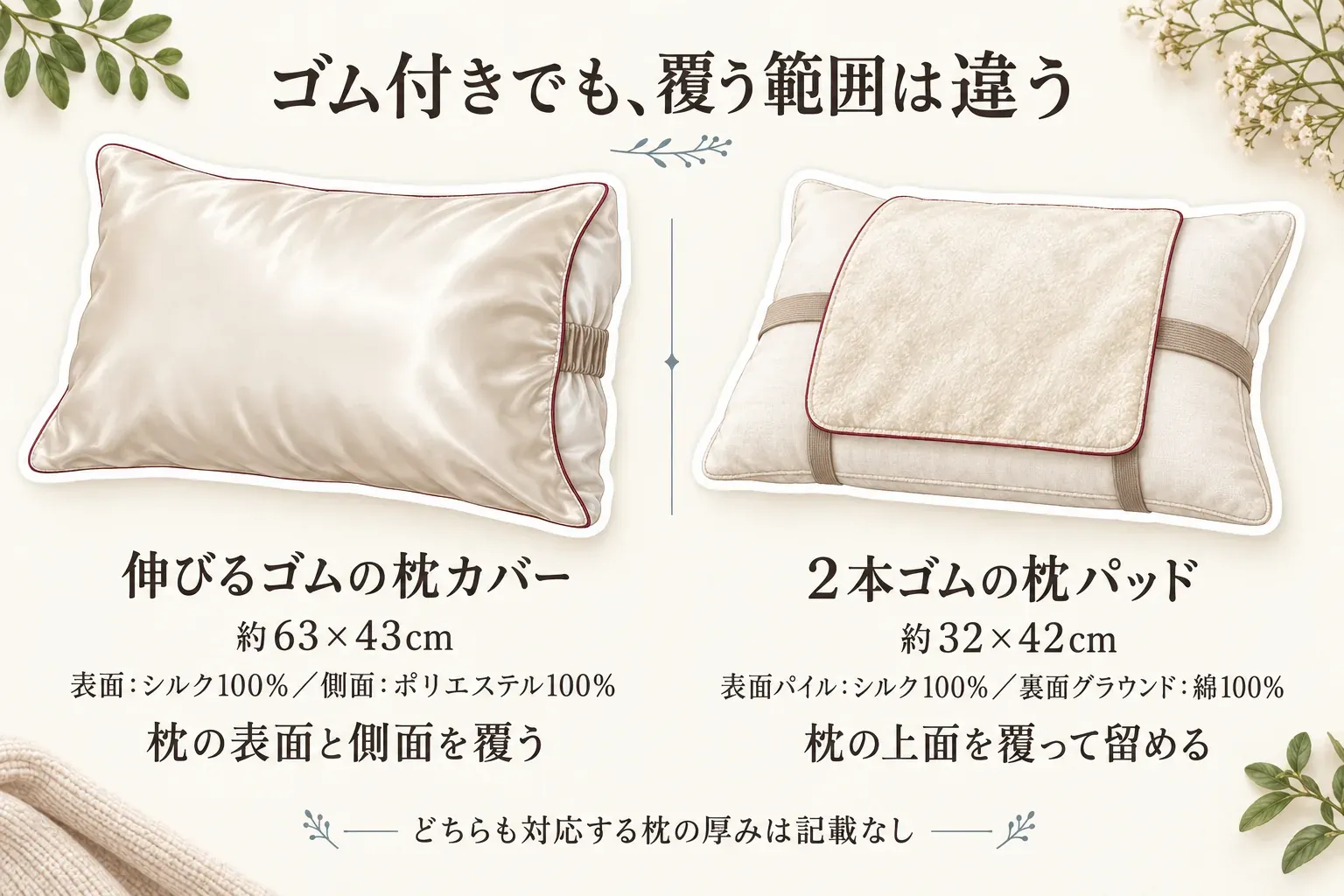 ゴム付きシルク枕カバーと2本ゴムの枕パッドで覆う範囲が異なることを示す図。約63×43cmの伸びるゴムの枕カバーは表面と側面を覆い、約32×42cmの2本ゴムの枕パッドは上面を覆って留める。どちらも対応する枕の厚みは記載がない。