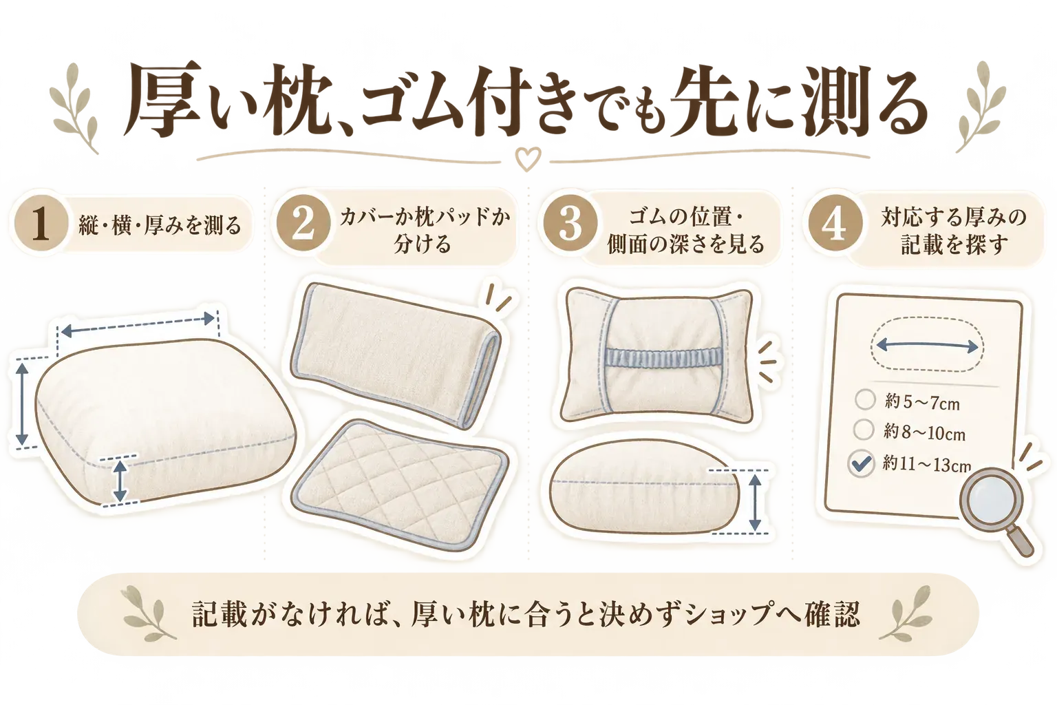 厚い枕にゴム付きカバーを使う前の確認を示す図。枕の縦・横・厚みを測り、カバーか枕パッドかを分け、ゴムの位置と側面の深さ、対応する厚みの記載を確認し、記載がなければ厚い枕に合うと決めずショップへ確認する流れを描く。