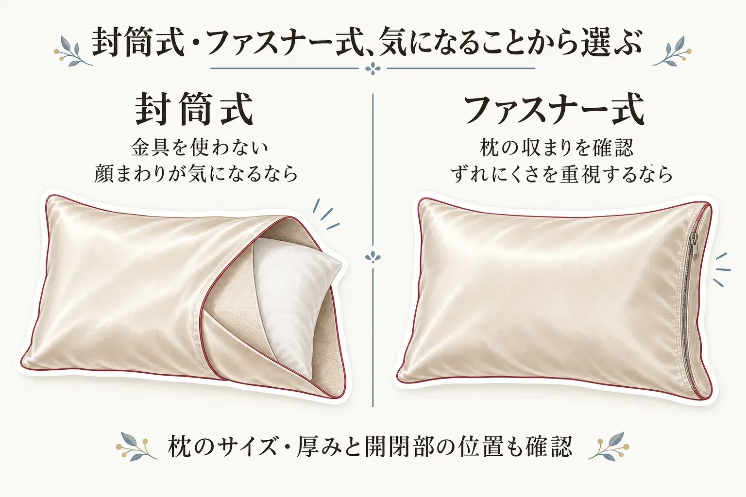 封筒式とファスナー式のシルク枕カバーを並べた図。封筒式は金具を使わず顔まわりが気になる人向け、ファスナー式は枕の収まりやずれにくさを重視する人向けと示し、枕のサイズ・厚みと開閉部の位置も確認するよう案内している。