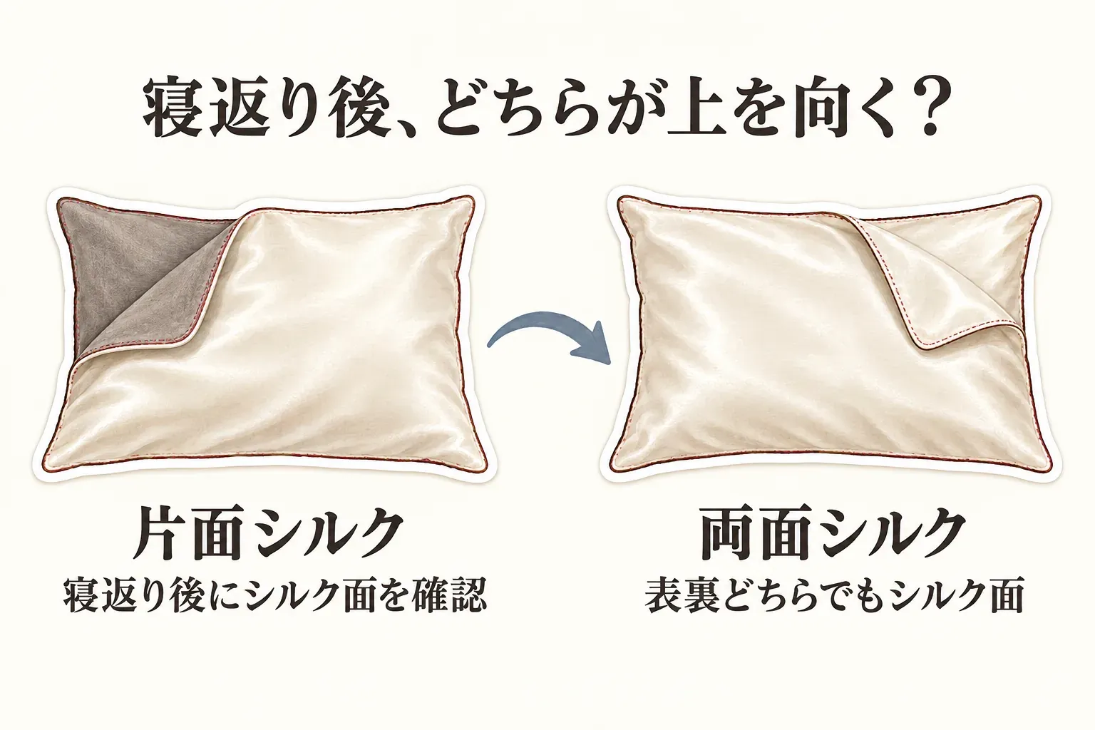 寝返り後に片面シルク枕カバーではシルク面が上を向いているか確認し、両面シルク枕カバーでは表裏どちらが上でもシルク面に触れられることを、2つの枕の図で示す。