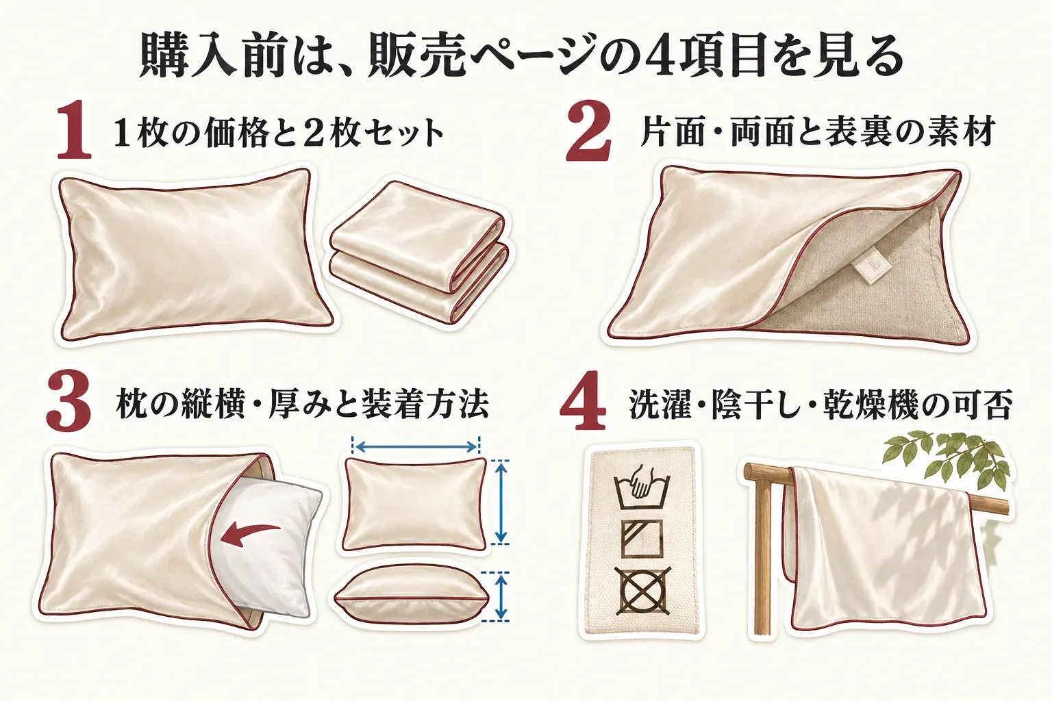 購入前に販売ページで確認する4項目を示す図。1枚の価格と2枚セット、片面・両面と表裏の素材、枕の縦横・厚みと装着方法、洗濯・陰干し・乾燥機の可否を、枕カバーと洗濯表示のイラストで示す。