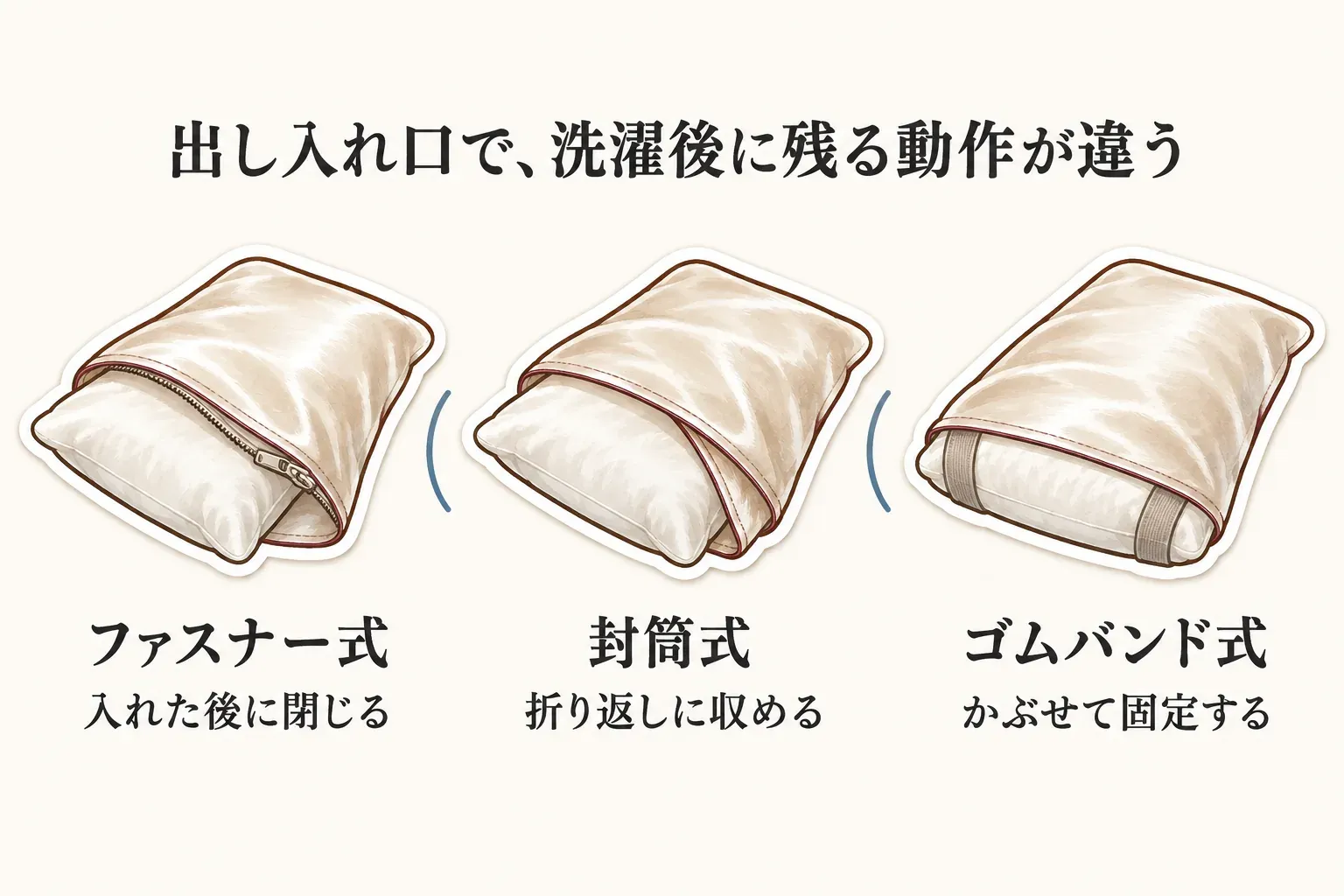シルク枕カバーの出し入れ口による洗濯後の動作の違いを示す図。ファスナー式は枕を入れた後に閉じる、封筒式は折り返しに収める、ゴムバンド式は枕にかぶせて固定する様子を並べて描く。