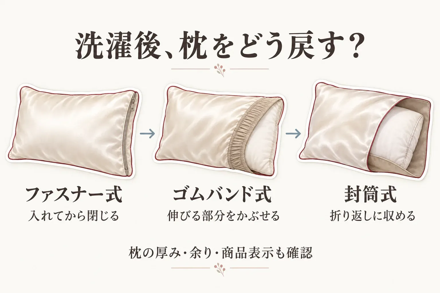 洗濯後に枕を戻す3方式の比較図。ファスナー式は枕を入れてから閉じる、ゴムバンド式は伸びる部分を枕にかぶせる、封筒式は折り返しに枕を収める手順と、枕の厚み・カバーの余り・商品表示も確認することを示す。