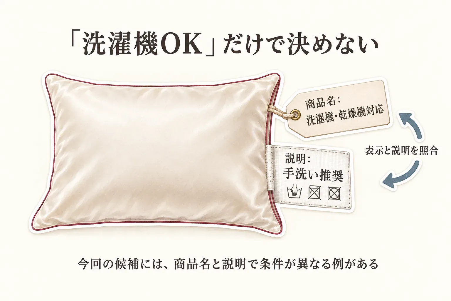 洗えるシルク枕カバーの洗濯表示と商品説明を確認する図。洗濯・漂白・乾燥の記号、洗濯機か手洗いか、温度上限、弱い処理、タンブル乾燥の可否を順に読み、商品名の「洗濯機OK」と説明本文の手洗い推奨を照合するポイントを示す。出典：消費者庁の洗濯表示の案内と記事内で比較した楽天商品説明。