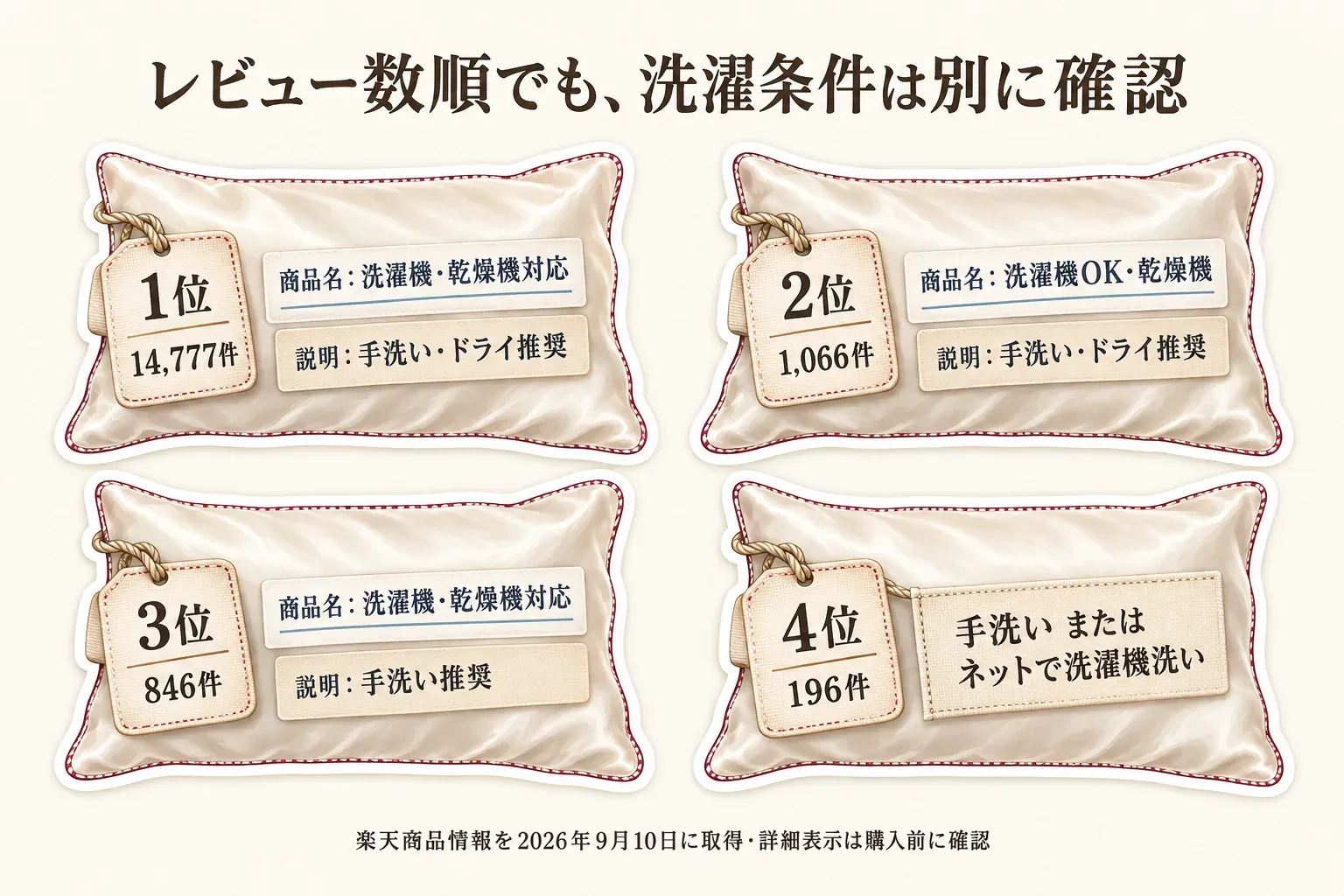 レビュー数順の洗えるシルク枕カバー4商品について、商品名の洗濯機・乾燥機対応の記載と、商品説明の手洗い・ドライクリーニング推奨などの洗濯条件を照合する図。出典：記事内で比較した楽天商品説明。