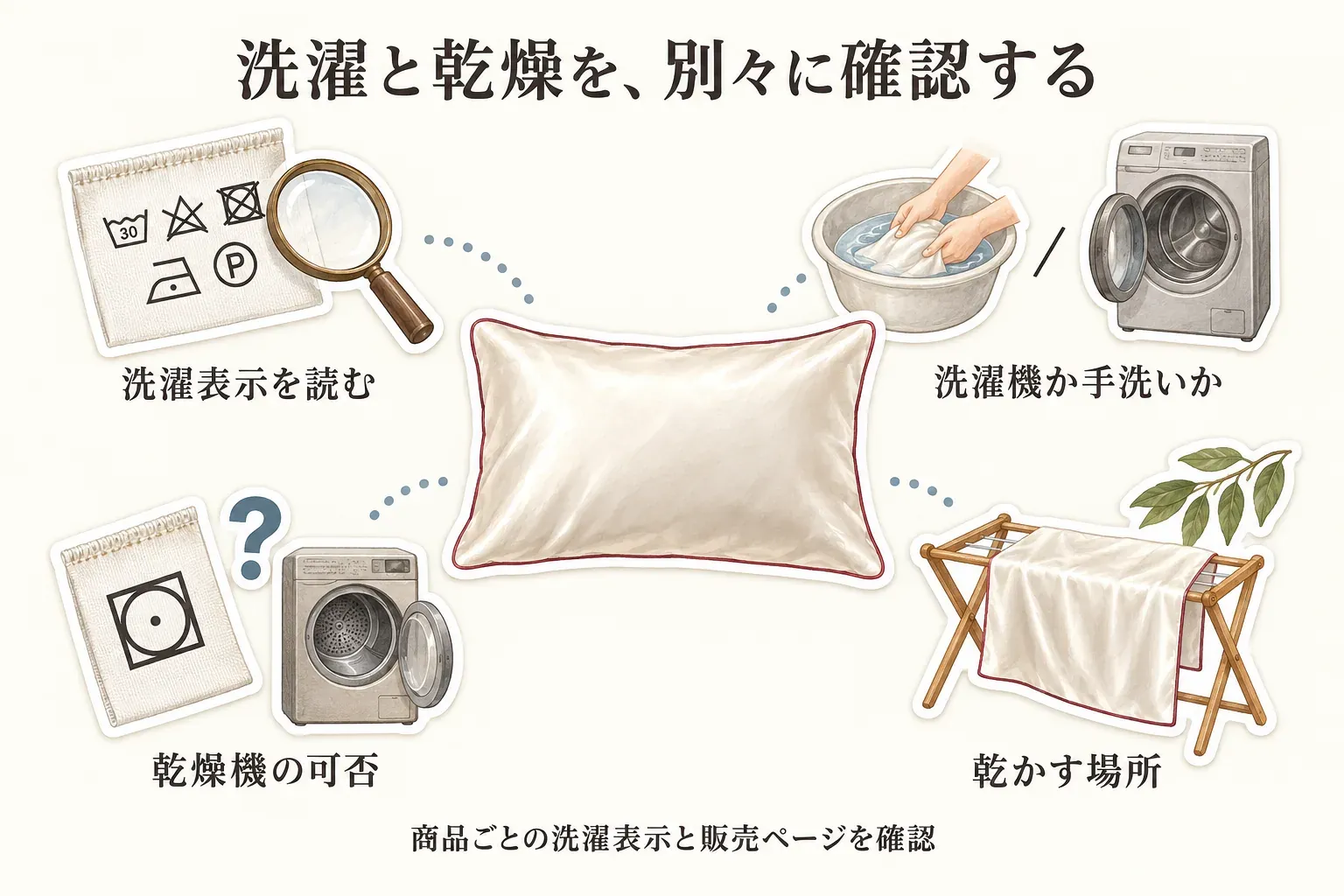洗えるシルク枕カバーの洗濯から乾燥までの確認図。洗濯機可と乾燥機可を別々に確認し、乾燥機の可否、陰干し・自然乾燥の案内、直射日光を避けて風通しを確保できる干し場所、平干しや形を整える必要を商品ごとの表示で確認するポイントを示す。出典：記事内で比較した楽天商品説明。